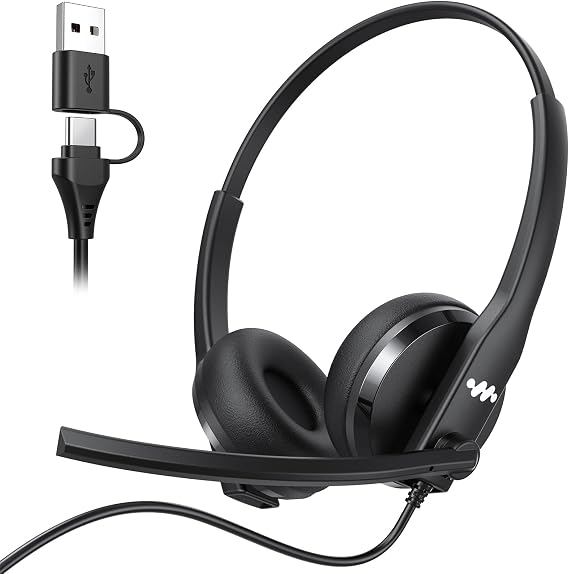 Necode USB Headset with Microphone for PC,Wired Computer Laptop Headset with Noise Cancelling Microphone, Work Headphones with Mic for Home Office Teams Zoom (USB-A&C)-Black