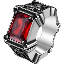 Flonge Men's Cross Signet Ring: Gothic Square Red Black Gemstone Ring Vintage Stainless Steel Cross Ring Fashion Jewelry Gift