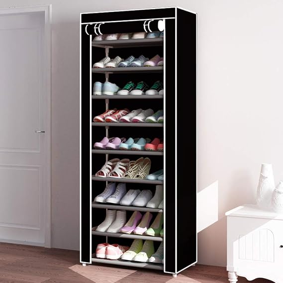 10 Tiers Shoe Rack,Large Shoe Storage Organizer Cabinet Tower with Dustproof Cover,Space Saving Non-Woven Fabric Stackable Storage Shelf Shoe Rack (Black)