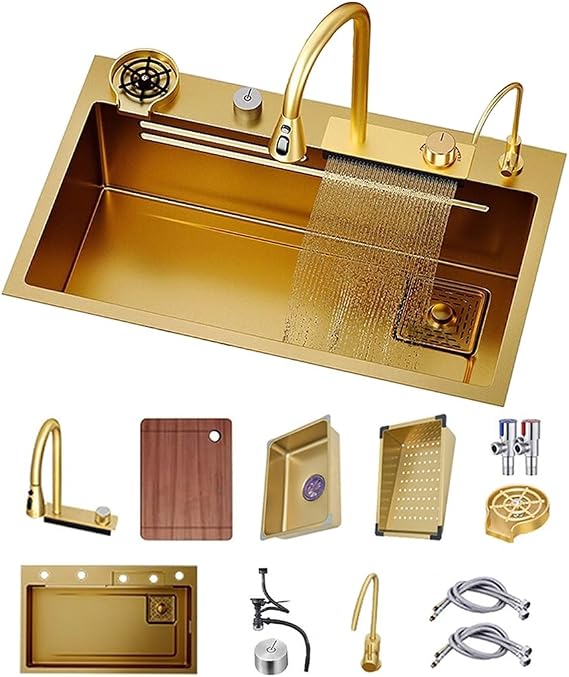 Golden Waterfall Sink with Three in One Pull-Out Faucet Stainless Steel Waterfall Sink with Accessories Multi Functional Single Bowl Workstation Sink Complete Accessory Set (Color : Gold, Size : 80x