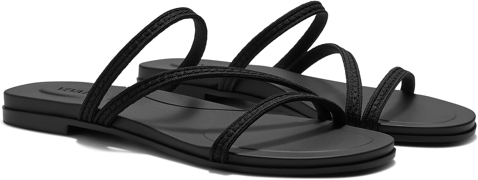 VIVAIA Carla Womens Round-Toe Flat Sandals, Comfortable Cushioned Slip-On Slides for Summer