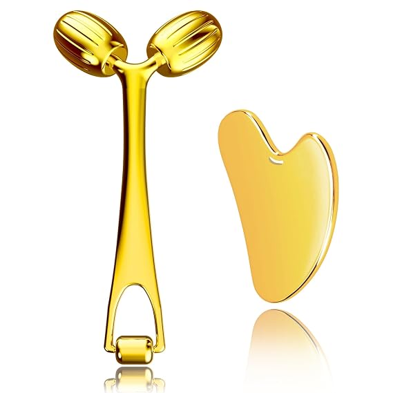 Yeamon Gua Sha Facial Tools and Face Roller Set, Facial Massage Tool for Womens Skincare Routine,Cooling Stainless Steel Face Sculpting Eyes Roller Guasha for Daily Use or Self-Care Gift for Women