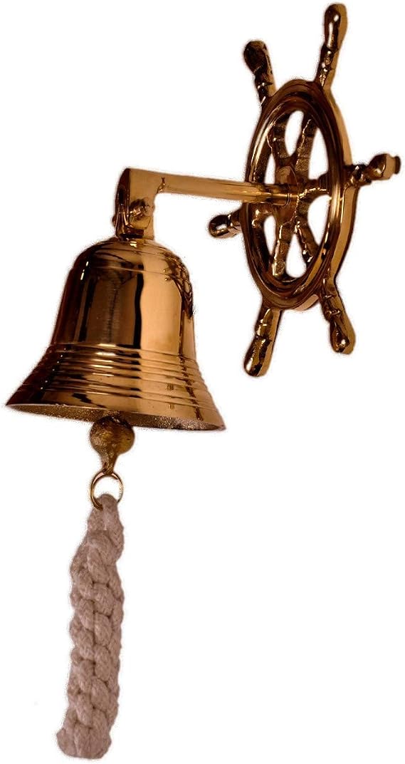 3 Inch Full Brass Nautical Bell with Captain's Wheel Hook: Unique Pirate Ship Marine Décor Gift Home & Temples