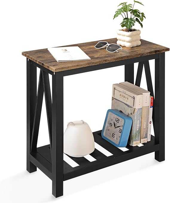 Narrow Side Table Rectangular with Shelf Console Sofa Table Industrial Bedside Table for Small Spaces Living Room Bedroom Bathroom Brown Smooth Table Top and