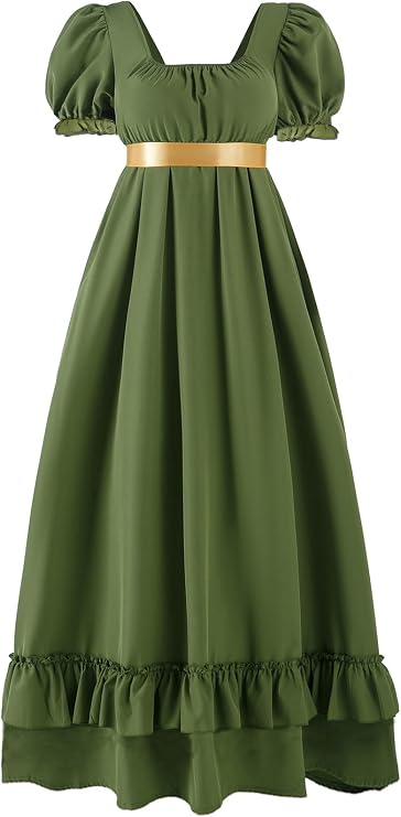 Regency Dresses for Women Regency Era Dress Empire Waist Victorian Tea Party Ball Gown with Satin Sash Army Green XL