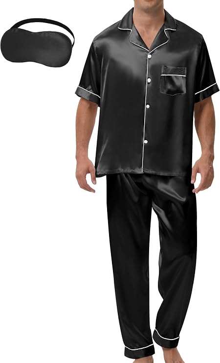 MORFORU Mens Satin Pajamas Set 2 Pcs Button Down Silky Pajamas for Men