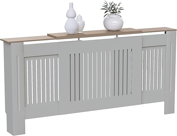 Vida Designs Arlington Radiator Cover | Olive Grey | Adjustable | H 83 x W 140-204 x D 19cm | Modern Shaker Style Vertical Slats for Heat Circulation | Painted MDF Cabinet for Living Room & Hallway