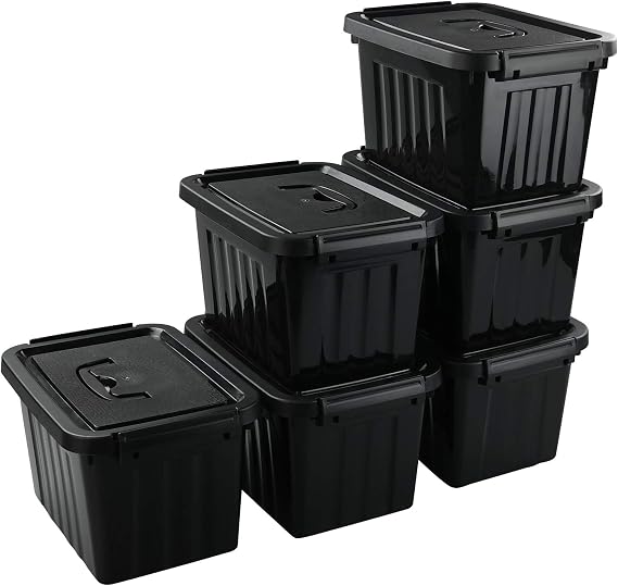 6 Packs 6 L Small Plastic Storage Box with Lid, Black