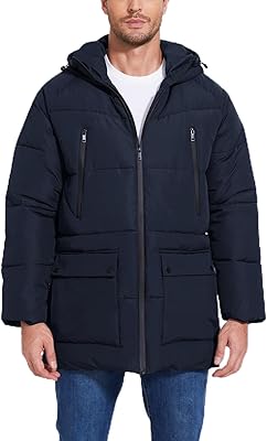 Mens Winter Coats Water-Repellent Windproof Thicken Parkas Long Hooded Padded Puffer Jacket with Pockets