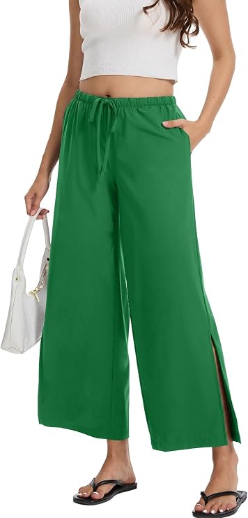 Wide Leg Pants for Women Casual Slacks Elastic Waist Side Slit Flowy Palazzo Pants Trousers with Pockets