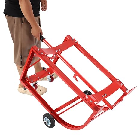 Steel Drum Cradle, 55-Gallon, 600-Lb Capacity, Powder-Coated, Retractable Tipping Lever with Wheels Drums Cradle for Round Drums