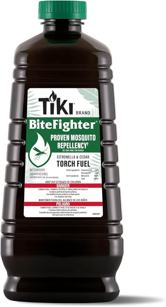 TIKI BiteFighter Mosquito Repellent Torch Fuel 1/2 Gallon (64 oz.), Citronella & Cedar Formula for Mosquito Repellency, Easy Pour Bottle, Use with Torches & Table Torches, Outdoor & Backyard Use