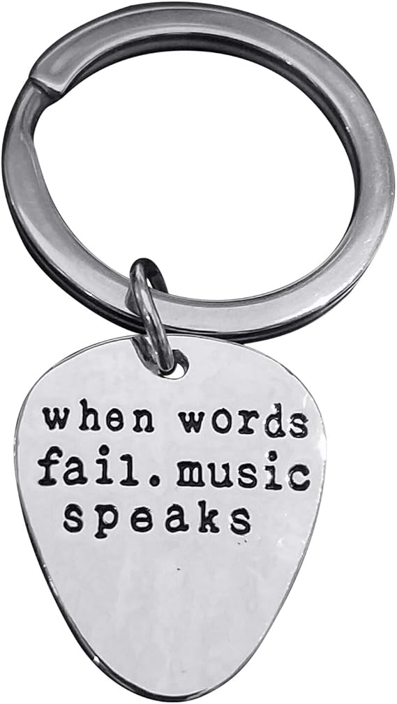 Art Attack When Words Fail Music Speaks Keychain, Electric Guitar Pick Rock N Roll Love Metal Pendant Charm Key Chain Ring (Silver)