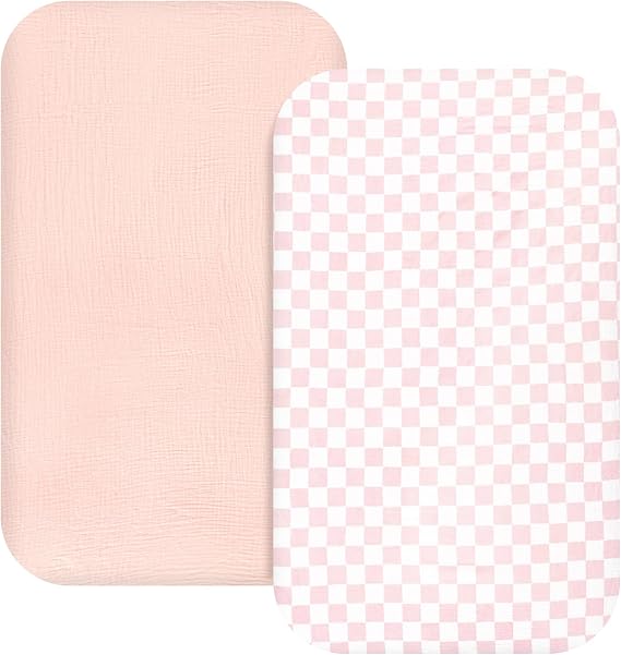 Hooyax Muslin Bassinet Sheets 2 Pack for Baby, Compatible with Bedside Sleeper Bassinet Fitted Sheets for Girls Boys, Ultra Soft and Skin-Friendly for Girls (Pink, Checkered)