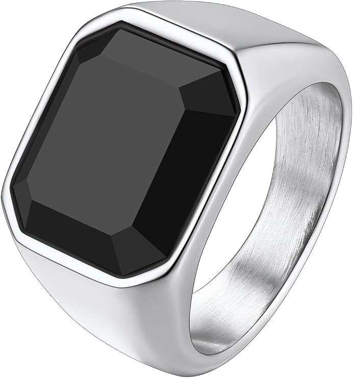 Richsteel Square Onyx Ring for Men Women, Personalised Stainless Steel Rings Jewellery, Silver/Black/Gold, Size 7-14, Gift Packaging