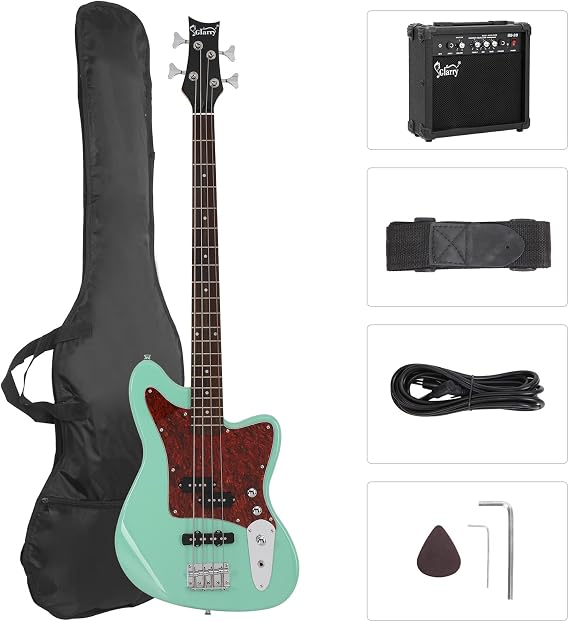 GLARRY 4 String Electric Bass Guitar Beginner Kit w/20w Amp, Red Pearl Guard Full Size Bass with Digital Tuner,Amp Cable, Strap, Bag and Accessories(Mint Green)