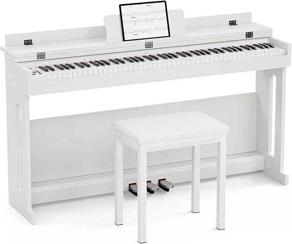 UMOMO 88 Weighted Key Graded Hammer Action Piano with Bench, Digital Electric Piano with Piano Stand, Headphone Jack, 3 Pedal, Full Size Electronic Piano Keyboard for Beginner, Adults, White