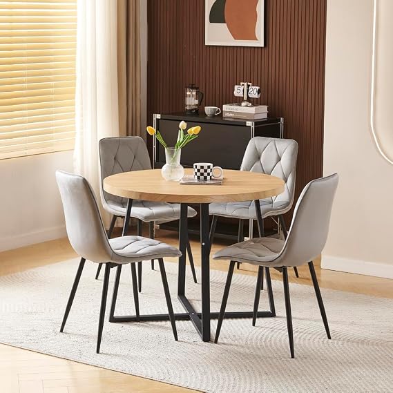 Pantanal 95cm Round Oak Wood Dining Table and Chairs Set of 4, Modern 5 Pieces Compact Kitchen Table with 4 Elegant Argyle Grid Chairs for Dinette Restaurant Small Space