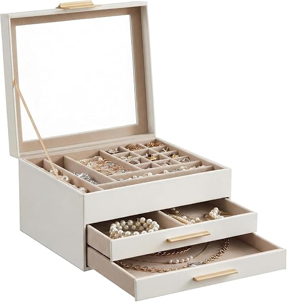 SONGMICS 3 Level Glass Lid Jewelry Box, 2 Drawers, Large Storage Area, Modern, Gift for Your Loved Ones, Cloud White Gold JBC239WT