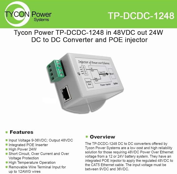 Tycon Systems TP-DCDC-1248 48V POE Out 24W DC to DC Converter and POE Inputer