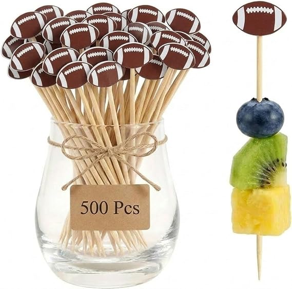 500 Pcs Football Bamboo Skewers, 4.7" Brown Football Cocktail Picks, Decorative Appetizer Toppers for The Big Game, Game Day Supplies & Tailgate Party Decor