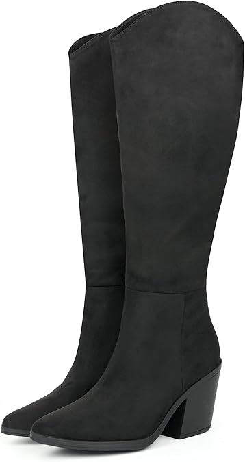 Hawkwell Suede Western Knee-High Boots Fall Boot For Women Chunky Block High Heel Classic Slouch Fashion Point Toe Side Zipper Tall Boot