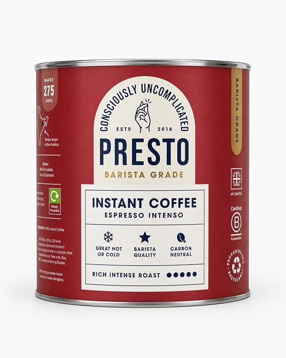 Presto Espresso Intenso Instant Coffee 500g | Great Tasting Freeze Dried Coffee | Rich Intense Roast | 100% Robusta | Single Origin Brazil | Dark Chocolate and Treacle | 275 Cups