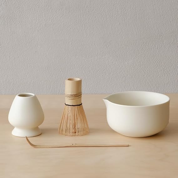 WENSHUO Matcha Whisk Set, Ceramic Matcha Bowl with Spout, Creme,5-Pc