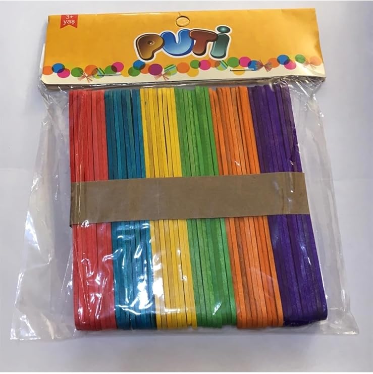 Puti Ahşap Renkli Küçük Boy Dil Çubuğu, 50'li Set