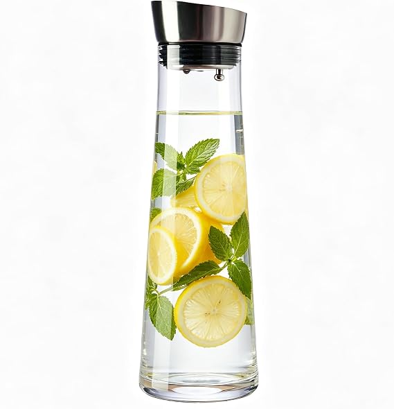 GLASKEY Glass Water Carafe with Lid,1200ml Glass Juice Pitcher with Stainless Steel Gravity Lid,Clear Water Pitcher for Ice Tea,Milk,Lemonade,Coffee,Juice Beverage