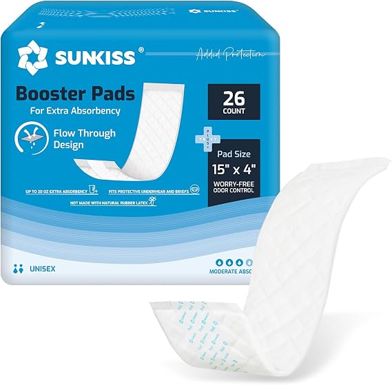 SUNKISS Trustplus Booster Pads for Adult Diaper 15" x 4", 26 Count | Extra Absorbency for Incontinence Underwear, Flow-through Design with Adhesive Strip, Odor Control, Unisex