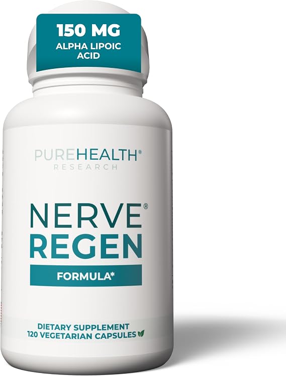 PUREHEALTH RESEARCH Nerve Regen Formula - Nerve Support Supplement for Feet & Hands - with Alpha Lipoic Acid ALA, Benfotiamine, Acetyl L-Carnitine, Riboflavin, Vitamin B6, B12, D3 & More- 120 Capsules