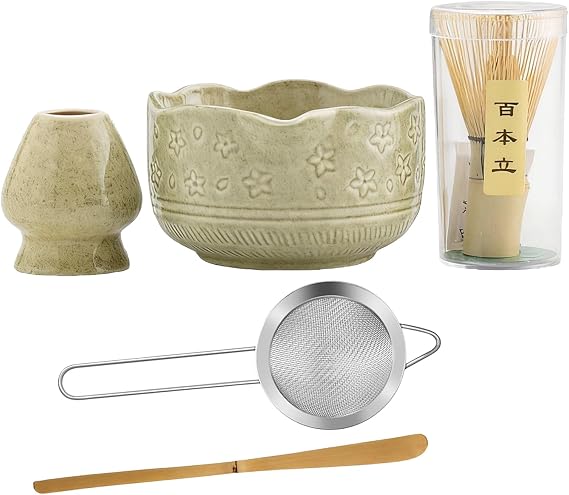 5-Piece Matcha Whisk Set with Bamboo Chasen, 18oz Ceramic Bowl, Sifter, Scoop & Holder for Matcha Tea Preparation