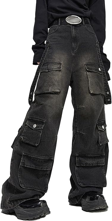 Baggy Jeans Y2k Cargo Pants Women Men High Waisted Wide Leg Hip Hop Streetwear Pants-M Black