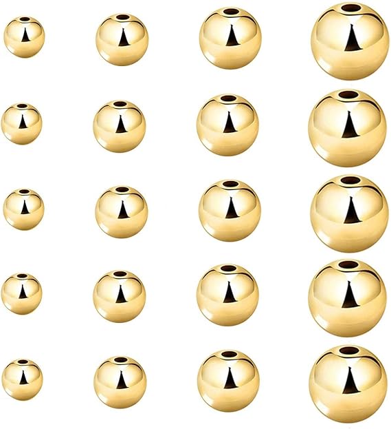 200 Pcs Mix 14K Gold Plated Beads Smooth Little Round Spacer Beads Brass Long-Lasting Tarnish Resistant Seamless Loose Beads for DIY Bracelet Jewelry Making (3/4/5/6MM-Gold)