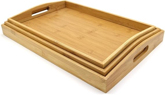 Bamboo Serving Tray Set of 3, TV & Breakfast Tea Tray with Carry Handles | Wooden Lap Trays for Eating, Kitchen Tray & Everyday Tea Trays - Bamboo Trays, Party Serving Trays and Platters