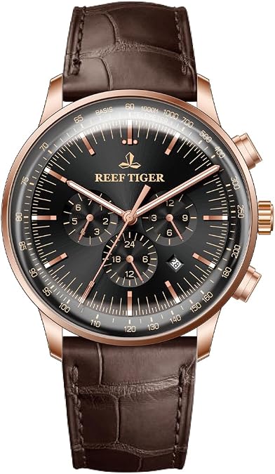 Reef Tiger Automatic Chronograph Watch, Multi-Functional, Leather Strap, Men's Luxury Timepiece