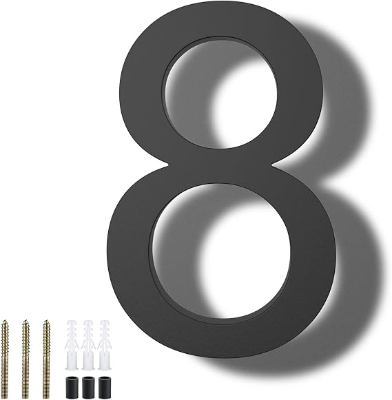 DEWEL 8 Inch Large Floating House Numbers, Black Acrylic Address Numbers for Outside, Modern 911 Visibility Signage with Mounting Nail Kit, Weatherproof Exterior Decor for Garage Gate Mailbox Wall (Number 8)