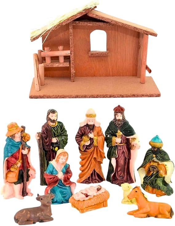 10pcs Nativity Scene Set and Handmade Wooden Stable - Christmas Crib Manger Jesus Birth Hand Painted Resin Figurine Sculpture, Traditional Xmas Home Decorations