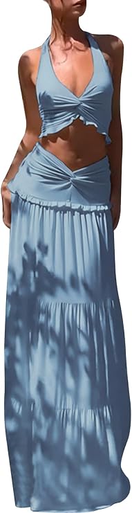 Famnbro Womens 2 Piece Skirt Sets Y2k Halter Top Flowy Ruffle Maxi Skirts | Soft Fabric, V Neck Blackless Top Long Skirt Set, Sexy Two Piece Summer Outfits for Beach Travel Casual Outings