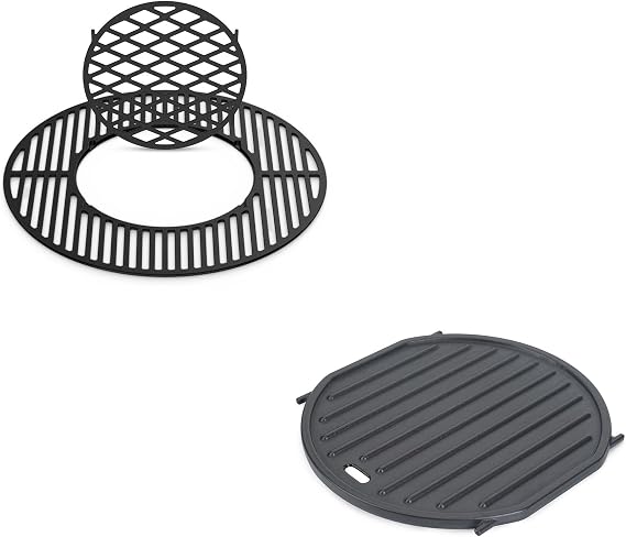 Charkettle 2-in-1 Cast Iron 21.5 Inch Grill Grate Replacement and Cast Iron Gourmet BBQ System Griddle, Compatible with Weber 22-1/2 inch Kettle Charcoal Grills