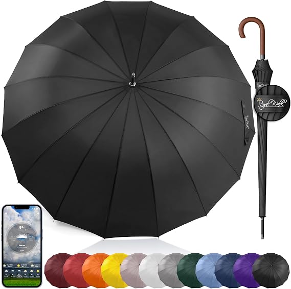 Royal Walk Large Umbrella for Rain & Golf, Windproof, Big, Heavy Duty Stick | Automatic Open Wind-Resistant Umbrella for Adults Fits 2 People, Strong 16-Rib Frame, Wooden Handle, 54-in Arc, Fast-Drying