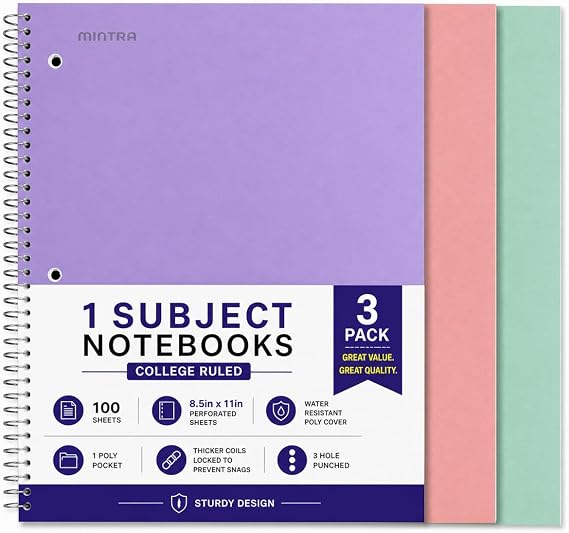 Mintra Office Durable Spiral Notebooks, 1 Subject, (Salmon, Sage Green, Lavender, College Ruled 3 Pack), 100 Sheets, Poly Pocket, Moisture Resistant Cover, Strong back, For School, Office, Business,
