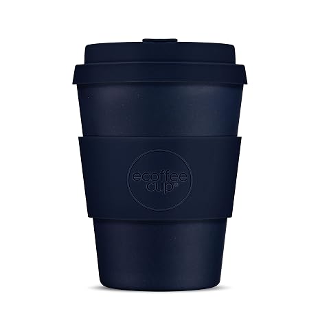 Ecoffee Cup: Dark Energy with Blue Silicone 12oz, Reusable and Eco Friendly Takeaway Coffee Cup