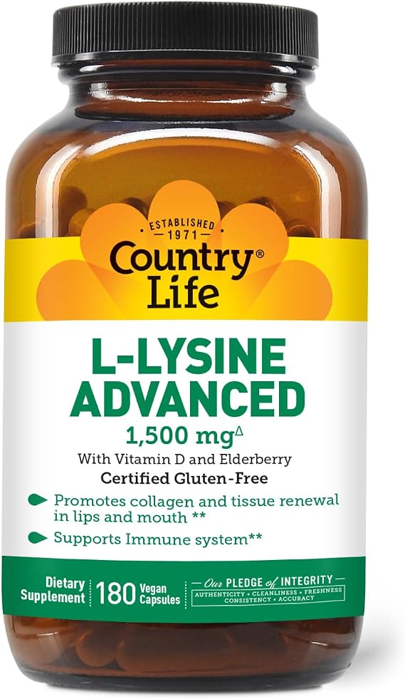 Country Life L-Lysine Advanced 1500 mg, Vitamin D3, 180 Capsules