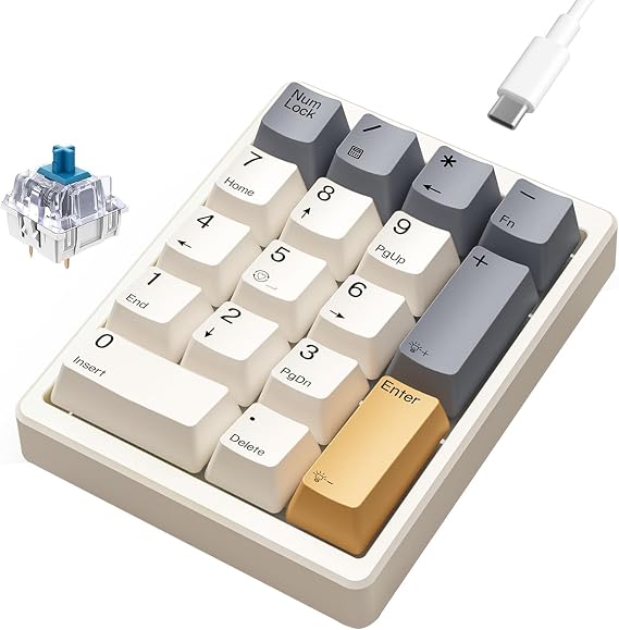 Kisnt KN17 Wired Mechanical Number Pad- 17 Keys Hot Swappable Numpad with White Backlight& PBT Keycaps for Laptop PC Compact Keyboards(Retro Beige, Blue Switch)
