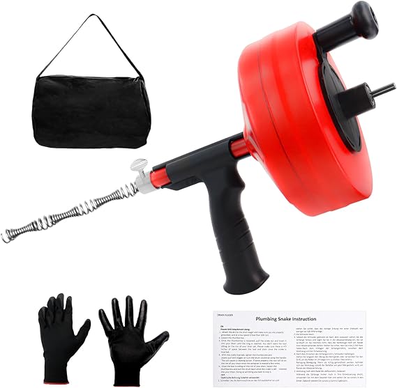 Drain Snake, 35FT Drain Auger with Drill Adapter, Steel Plumbing Snake Clog Remover with Work Gloves and Storage Bag, Manual or Powered Use for Kitchen, Sink, Sewer and Shower