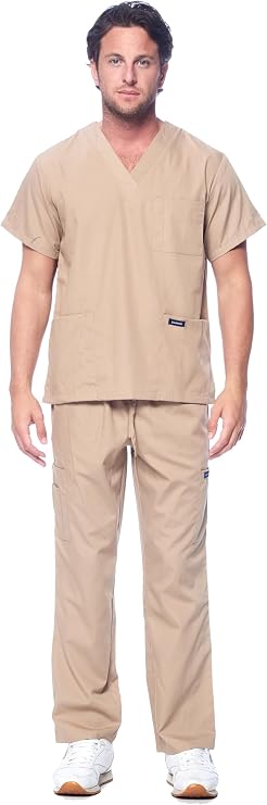 Dagacci Medical Uniform Men's V-Neck Cargo Scrubs | Cotton Blend, Matching Top and Cargo Pants Set, 8 Pockets, Elastic Drawcord Waistband, for Men in Healthcare