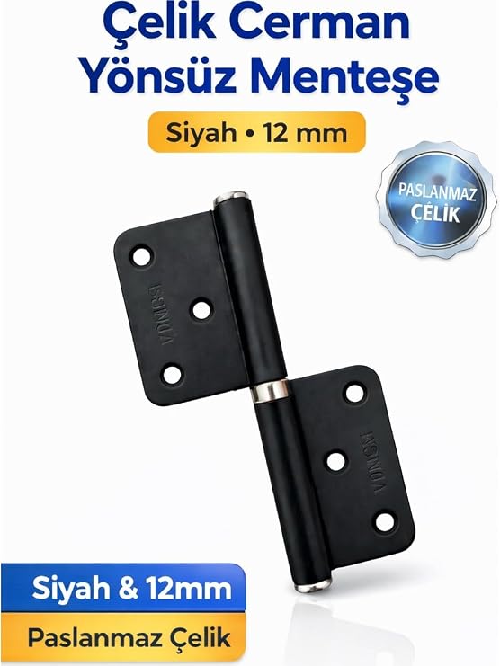 Paslanmaz Çelik Cerman Yönsüz Kapı Menteşesi, Siyah, 12 mm, Mobilya ve Dolap Kapıları için Dayanıklı Metal