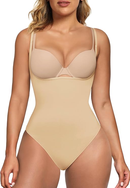 SHAPERX Open Bust Shapewear Bodysuit for Women, Tummy Control Body Shaper, Mid-Thigh Seamless Compression Shorts, Butt Lifting & Thigh Smoothing Shapewear with Adjustable Straps